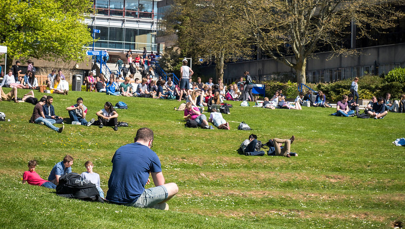 Students collaborating at a university table